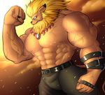  abs anthro belt biceps big_muscles blonde_hair claws clothed clothing digimon feline frown hair leomon lion male mammal mane muscular nipple_piercing nipples pants pecs piercing solo tofuboyz topless vein 