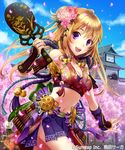  bell blonde_hair breasts cherry_blossoms cleavage cloud day flower hair_flower hair_ornament holding long_hair looking_at_viewer medium_breasts midriff navel open_mouth outdoors petals purple_eyes sengoku_saga sky solo wind yamyom 
