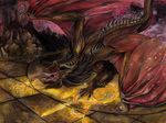  ambiguous_gender claws curved_horn detailed_background dragon feral horn isvoc membranous_wings nude open_mouth outside solo standing teeth tongue traditional_media_(artwork) wings 