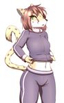  anthro clothed clothing feline female green_eyes hi_res mammal midriff navel open_mouth simple_background solo spots sweatpants tailzkim tongue white_background 