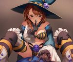  beatrix_(granblue_fantasy) blush boots breasts brown_eyes brown_hair cleavage eredhen finger_to_mouth gloves granblue_fantasy halloween hat highres large_breasts long_hair looking_at_viewer navel ponytail smile solo_focus spread_legs straddling thighhighs witch_hat 