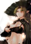  beatmania beatmania_iidx bemani blonde_hair blush braid breasts cleavage faula_(beatmania) green_eyes hat kazetto large_breasts long_hair looking_at_viewer midriff navel pointy_ears smile solo sweat witch_hat 