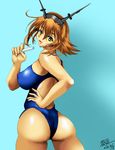  1girl aoitsuki ass bare_shoulders breasts brown_hair from_behind green_eyes headgear huge_ass kantai_collection large_breasts mutsu_(kantai_collection) one-piece_swimsuit shiny shiny_clothes shiny_hair shiny_skin short_hair sideboob smile solo swimsuit 