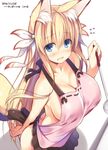  2016 animal_ears apron bangs bare_shoulders blonde_hair blue_eyes blush breasts cleavage collarbone commentary_request dated eyebrows eyebrows_visible_through_hair fox_ears fox_tail from_above hair_ribbon konoha_(nozomi_tsubame) ladle large_breasts long_hair looking_at_viewer looking_up naked_apron nozomi_tsubame open_mouth original ribbon simple_background solo tail white_background 