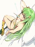  animal_print arm_at_side arm_up bed_sheet blurry blush bra breasts c.c. cleavage code_geass collarbone cosplay creayus depth_of_field dutch_angle food full_body green_hair hand_in_hair horns kneehighs knees_together_feet_apart long_hair looking_at_viewer lum lum_(cosplay) lying medium_breasts mouth_hold on_back on_bed panties pillow popsicle sidelocks simple_background solo sweatdrop thigh_gap tiger_print underwear underwear_only urusei_yatsura white_background yellow_bra yellow_eyes yellow_legwear yellow_panties 