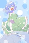  blue_eyes blue_hair blush breasts commentary_request drill_hair happy head_fins highres hiyori_(higanahannnti) japanese_clothes kimono medium_breasts mermaid monster_girl obi open_mouth sash solo touhou wakasagihime wide_sleeves 