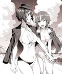  beach bikini bonkara_(sokuseki_maou) breasts commentary garrison_cap girls_und_panzer greyscale hat itsumi_erika jacket_on_shoulders kuromorimine_military_uniform large_breasts medium_breasts military military_uniform monochrome multiple_girls nishizumi_maho nishizumi_miho ooarai_military_uniform short_hair swimsuit uniform 