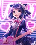  animal_ears bell bow bowtie cat_ears cyan_(show_by_rock!!) dress drill_hair fang frilled_dress frills guitar heart instrument long_hair maid_headdress music open_mouth pink_bow playing_instrument purple_hair show_by_rock!! solo strawberry_heart yamyom 