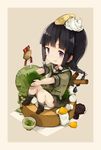  :q ankle_socks bangs black_hair blunt_bangs border braid brown_background cake chibi eyebrows eyebrows_visible_through_hair food food_on_head ice_cream in_food kantai_collection kitakami_(kantai_collection) knees_up licking_lips loafers long_hair malachite medal object_on_head purple_eyes school_uniform shoes short_sleeves sidelocks single_braid sitting skirt solo swiss_roll tongue tongue_out wafer_stick whipped_cream 