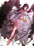  ahoge bad_id bad_pixiv_id barefoot black_hair black_wings blue_eyes breasts chain detached_sleeves dress feathered_wings kosanmaka long_hair mabinogi magic medium_breasts morrighan petals sideboob signature solo white_dress wings 