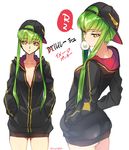  ass ass_visible_through_thighs backwards_hat baseball_cap breasts bubble_blowing c.c. casual chewing_gum cleavage code_geass cowboy_shot creayus dual_persona green_hair hands_in_pockets hat hood hooded_track_jacket hoodie jacket jewelry long_hair looking_at_viewer medium_breasts multiple_views naked_hoodie open_clothes track_jacket translation_request twitter_username yellow_eyes 