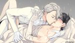  artist_name bare_shoulders black_hair blush bridal_veil bride closed_eyes couple crossdressing dress elbow_gloves formal gearous glasses gloves groom husband_and_husband katsuki_yuuri kiss male_focus multiple_boys signature silver_hair suit veil viktor_nikiforov wedding_dress white_suit yaoi yuri!!!_on_ice 