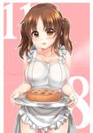  alternate_costume apple_pie apron bare_arms bare_shoulders blush breasts brown_eyes brown_hair cleavage collarbone commentary_request eyebrows eyebrows_visible_through_hair food hair_ornament hair_scrunchie highres holding holding_tray idolmaster idolmaster_cinderella_girls large_breasts long_hair looking_at_viewer miyuki_rei naked_apron number open_mouth pie scrunchie solo totoki_airi tray twintails upper_body 