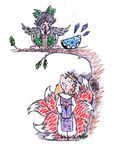 aesop's_fables blonde_hair bow branch cheese cirno colored_pencil_(medium) commentary dress english_commentary food fox_tail green_bow green_dress hat ice ice_wings in_tree long_sleeves looking_down looking_up mob_cap multiple_tails nest oak_leaf organis_(artist) pen_(medium) pun reiuji_utsuho russian saliva sitting sitting_in_tree tabard tail the_fox_and_the_crow touhou traditional_media tree wings yakumo_ran 