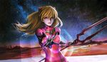  at_field bangs bident bodysuit bracer breasts closed_mouth crossing end_of_evangelion floating_hair foreshortening gloves hair_between_eyes headgear highres holding holding_weapon lance_of_longinus lcl light_smile lips long_hair looking_at_viewer nebula neon_genesis_evangelion night night_sky number orange_hair outdoors outstretched_arm pilot_suit plugsuit red_lips ruins sky small_breasts smile smirk solo souryuu_asuka_langley star_(sky) starry_sky turtleneck upper_body weapon 