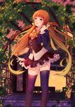  bad_id bad_pixiv_id black_legwear frilled_skirt frills hair_ribbon index_finger_raised kosanmaka long_hair looking_at_viewer orange_hair original outdoors ribbon skirt solo thighhighs twintails yellow_ribbon zettai_ryouiki 