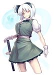  :&lt; albino alternate_breast_size black_bow black_hairband black_neckwear black_ribbon bow bowtie breasts closed_mouth commentary_request cowboy_shot cropped_legs dress_shirt frilled_skirt frills gloves green_skirt green_vest hair_ribbon hairband hitodama jonylaser katana konpaku_youmu konpaku_youmu_(ghost) large_breasts looking_at_viewer miniskirt puffy_short_sleeves puffy_sleeves red_eyes ribbon sheath sheathed shirt short_hair short_sleeves skirt skirt_set solo sword touhou vest weapon white_gloves white_hair white_shirt 