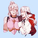  animal_ears armor blue_background blush capelet closed_eyes duckhymn elfi_(fire_emblem_if) fire_emblem fire_emblem_if gloves green_eyes grey_hair hair_bun long_hair multiple_girls simple_background velour_(fire_emblem_if) wolf_ears 