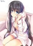  2016 black_hair blue_eyes blush breasts cleavage commentary_request couch dated dress_shirt eyebrows eyebrows_visible_through_hair long_hair looking_at_viewer naked_shirt no_bra no_pants nozomi_tsubame open_clothes open_shirt original shirt simple_background sitting small_breasts smile solo towel white_shirt yukiha_(nozomi_tsubame) 
