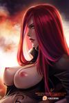  1girl areolae artist_name breasts clouds facial_mark green_eyes katarina_du_couteau league_of_legends lipstick nipples olchas outside parted_lips red_hair scar scar_across_eye signature sky solo sweat tattoo web_address 