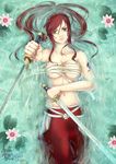  absurdres brown erza_scarlet fairy_tail flower hakama highres japanese_clothes lily_(flower) red_hair solo sword tattoo water weapon 