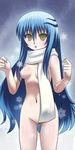  1girl :o awa blue_hair blush breasts female long_hair multicolored_hair navel nipples nude nurarihyon_no_mago open_mouth pussy scarf solo white_hair yellow_eyes yuki_onna_(nurarihyon_no_mago) 