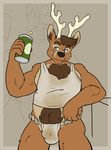  alcohol anthro antlers arm_support beer_can beverage blowup_background bulge cervine chest_tuft clothing deer fundoshi grin horn japanese_clothing leaning_on_elbow looking_away male mammal musclegut shirt simple_background solo standing tank_top tonio_(artist) tuft underwear 