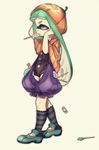  absurdres bangs blunt_bangs costume domino_mask fang food full_body green_hair halloween_costume highres inkling jack-o'-lantern long_hair mask mouth_hold pointy_ears popsicle puchiman pumpkin_pants simple_background solo splatoon_(series) splatoon_1 standing tentacle_hair unitard white_background yellow_eyes 