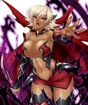  1girl armpits bare_shoulders breasts cameltoe cape claws cleavage corruption dark_persona dark_skin demon_girl detached_sleeves fangs female horns igawa_sakura kagami_hirotaka large_breasts lilith-soft looking_at_viewer miniskirt navel open_mouth outstretched_arm outstretched_hand pink_eyes pose revealing_clothes short_hair skirt solo taimanin_asagi taimanin_asagi_battle_arena tan thong white_hair wide_hips yellow_sclera 