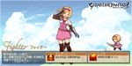  ;d belt blonde_hair blue_sky blush boots brown_eyes brown_footwear cloud cloudy_sky copyright_name day djeeta_(granblue_fantasy) dress fighter_(granblue_fantasy) gauntlets granblue_fantasy hairband one_eye_closed open_mouth parody pink_dress pink_hairband pixel_art sheath sheathed shirosu short_hair sky smile solo sword thigh_boots thighhighs weapon 
