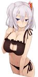  black_bra black_panties blue_eyes blush bra breasts cat_lingerie cleavage cleavage_cutout collarbone hair_between_eyes hair_ornament highres kantai_collection kashima_(kantai_collection) large_breasts long_hair meme_attire navel panties pen_(pen3) side-tie_panties sidelocks silver_hair simple_background solo twintails two_side_up underwear wavy_hair white_background 
