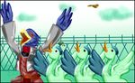  aircraft avian beak bird blue_birds_(rhythm_heaven) clothing falco_lombardi feathered_wings feathers group male nintendo open_mouth rhythm_heaven star_fox tongue video_games wings yunasakura 