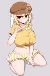  animal_ears bare_legs barefoot belly blonde_hair blush breasts bunny_ears cabbie_hat covered_nipples crop_top dango eating fat_folds floppy_ears food hat highres huge_breasts looking_at_viewer midriff plump red_eyes ringo_(touhou) sawati shirt short_hair short_shorts shorts sitting solo t-shirt thighs touhou wagashi wariza 