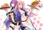  bikini_top breasts brown_eyes butter cleavage cup cupcake drinking_straw fate/grand_order fate_(series) food hamburger happy_birthday hinatsu jacket large_breasts medb_(fate)_(all) medb_(fate/grand_order) medium_breasts multiple_girls navel pancake pink_hair purple_hair red_eyes roller_skates scathach_(fate)_(all) scathach_(fate/grand_order) short_shorts shorts skates syrup thigh_strap tiara tray underboob 