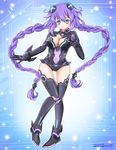  amai-tapioca bangs blue_eyes braid breasts cleavage cleavage_cutout covered_navel gloves hair_ornament large_breasts leotard long_hair looking_at_viewer neptune_(series) purple_hair purple_heart solo symbol-shaped_pupils twin_braids very_long_hair 