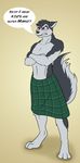  anthro blush canine clock-face clothed clothing crossed_arms english_text fur hair kilt male mammal solo text 