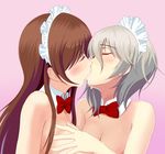  anastasia_(idolmaster) blush bow bowtie brown_hair closed_eyes detached_collar grey_hair hair_between_eyes highres idolmaster idolmaster_cinderella_girls kiss long_hair maid_headdress meme multiple_girls nitta_minami nude saliva short_hair taka_(takahirokun) upper_body yuri 