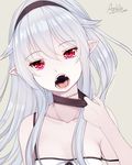  afilia_(kiyomin) breasts bush camisole character_name choker collarbone eyebrows eyebrows_visible_through_hair fangs hair_between_eyes hairband highres kiyomin long_hair looking_at_viewer open_mouth original pale_skin pointy_ears red_eyes silver_hair simple_background small_breasts solo stitches strap_slip vampire 