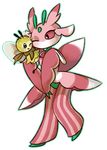  ambiguous_gender arthropod badcactus fur green_body insect lurantis nintendo one_eye_closed pink_body pok&eacute;mon red_body red_eyes ribombee scarf simple_background size_difference video_games white_background white_body white_fur wink yellow_fur 