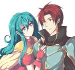  1girl aqua_hair armor bad_id bad_pixiv_id bangs blue_armor blue_eyes blush cape collar couple echizen_(hvcv) eirika fire_emblem fire_emblem:_seima_no_kouseki gloves hetero hug knight long_hair looking_at_another partly_fingerless_gloves puffy_short_sleeves puffy_sleeves red_eyes red_hair seth_(fire_emblem) short_hair short_sleeves sidelocks simple_background smile white_background 