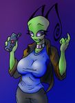  anthro bald clock-face clothed clothing female irken simple_background solo teeth wide_hips 