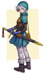  bag black_footwear blue_gloves blue_hat boots dragon_quest dragon_quest_vi full_body gloves hat holding holding_sword holding_weapon male_focus nona_(831korokke) purple_eyes ready_to_draw sheath sheathed solo sword terry weapon white_hair 