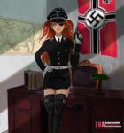  absurdres armband commentary desk_lamp eyepatch gloves gun hand_on_hip handgun highres holding holding_gun holding_weapon jing_silang lamp long_hair luger_p08 map nazi nazi_war_ensign neon_genesis_evangelion red_hair solo souryuu_asuka_langley swastika thighhighs thighs totenkopf weapon white_gloves world_war_ii zettai_ryouiki 