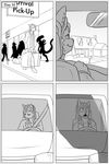  anthro car clock-face comic feline male mammal monochrome open_mouth outside smile solo standing vehicle 