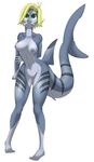 blonde_hair blue_areola blue_nipples blue_skin breasts dorsal_fin female fin fish green_eyes hair humanoid marine navel nipples shark shark_humanoid simple_background sinful-spector smile solo white_background 