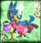  antif10 beverage blue_fur canine chair colored flower fur green_background lucario mammal nintendo peaceful petals plant pok&eacute;mon red_eyes rose sao_(artist) simple_background sitting spikes steam table tea teapot tranquil video_games yellow_fur 