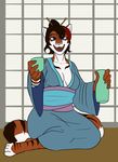  anthro beverage clock-face clothed clothing feline female japanese_clothing kimono looking_at_viewer mammal open_mouth smile solo tea 