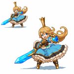  armor armored_boots blonde_hair blue_dress blue_eyes boots breastplate charlotta_fenia crown dress frilled_dress frills gauntlets granblue_fantasy harvin holding holding_sword holding_weapon long_hair open_mouth pointy_ears shield shirosu simple_background solo standing sword weapon white_background 