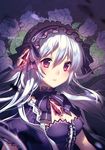  bonnet bow breasts chromatic_aberration fairy_fencer_f frills hairband lolita_hairband long_hair looking_at_viewer medium_breasts open_mouth red_eyes ribbon rosuuri solo tiara_(fairy_fencer_f) white_hair 