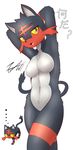  ... 2016 ? anthro anthrofied armpits black_fur black_nose breasts chest_tuft eyelashes featureless_breasts featureless_crotch feline female fur half-closed_eyes hands_behind_head hi_res litten looking_at_viewer mammal navel nintendo open_mouth pok&eacute;mon pok&eacute;morph portrait pose purple_eyes red_fur simple_background solo standing tailzkim teeth text three-quarter_portrait tuft video_games white_background white_fur yellow_sclera 